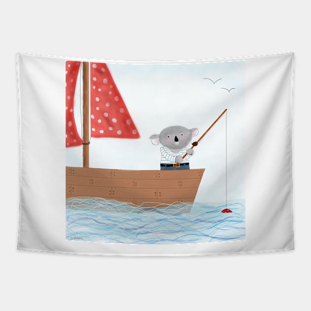 Koala fishing on a boat Tapestry by Charlotsart