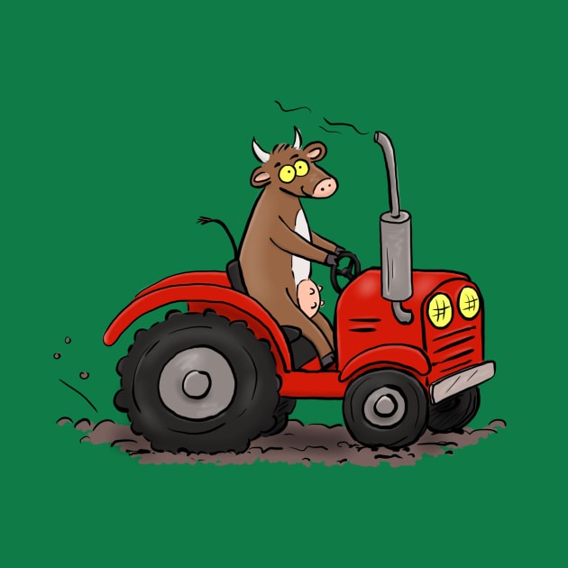 Funny cow driving a red tractor farming cartoon by FrogFactory