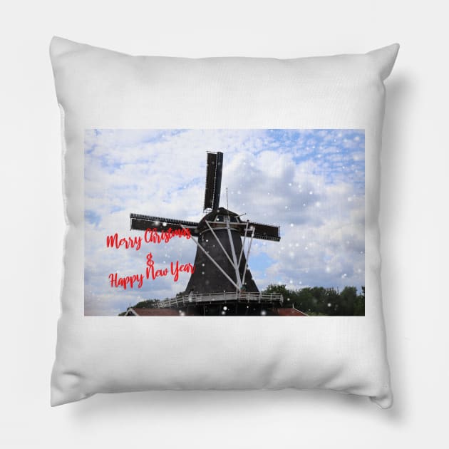 Mill - Merry Christmas & Happy New Year Pillow by AnimaliaArt