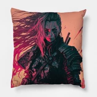 80s Cyberpunk Female Samurai On A Battlefield Pillow