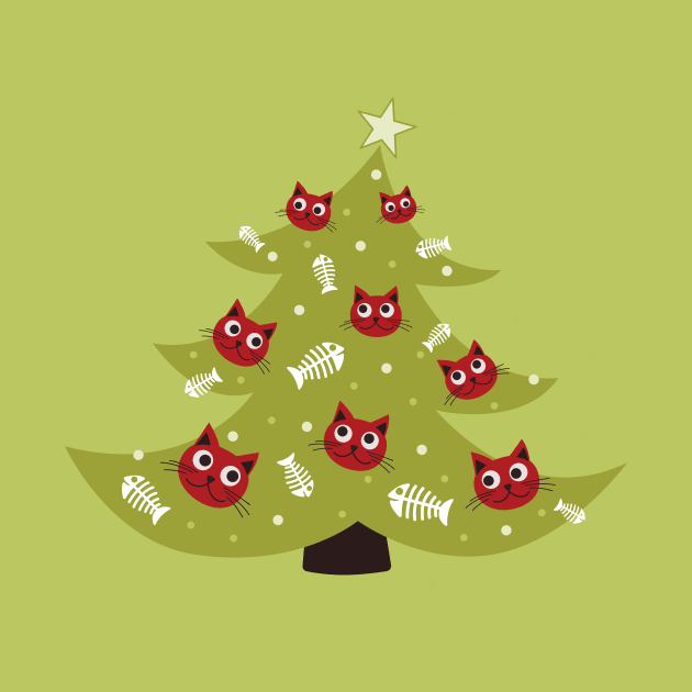 Cat Christmas Tree With Fish Ornaments by Boriana Giormova