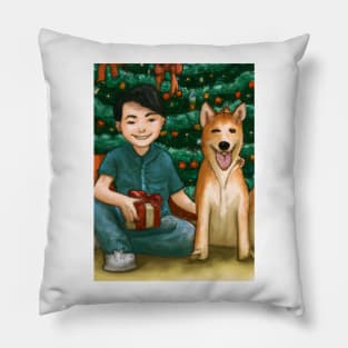 A boy and his Shiba Inu dog on Christmas morning Pillow