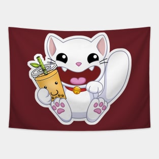 Happy Lucky Cat Maneki Neko Turnt Up Chinese Zodiac Bubble Boba Tea Tapestry