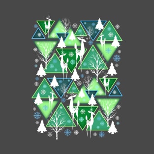 Geometric Winter Evergreen Birch Trees Deer Snowflake Nature Art T-Shirt