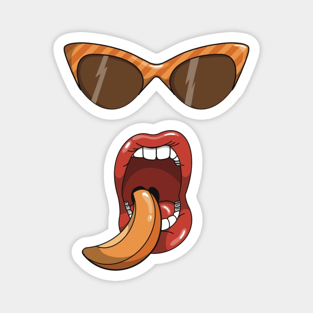 Mouth about to eat a slice of a peach while wearing matching orange striped sun glasses. Magnet by Fruit Tee