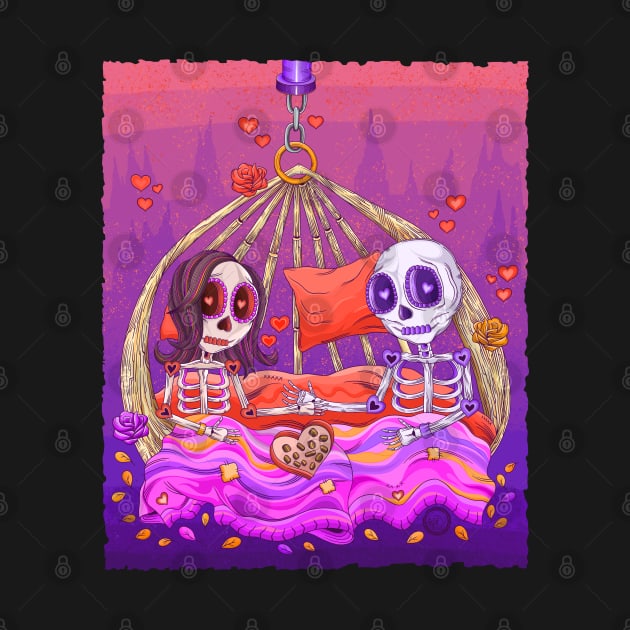 Cute Skeleton Couple -The Patio Swing Lovers- Día De Los Muertos by Scriptnbones