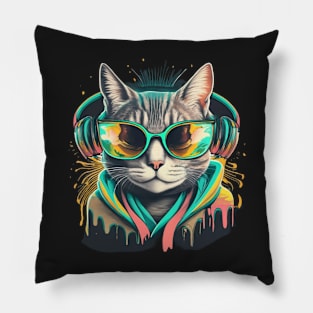 Neon Groove: Feline Beats and Shades Tee! Pillow