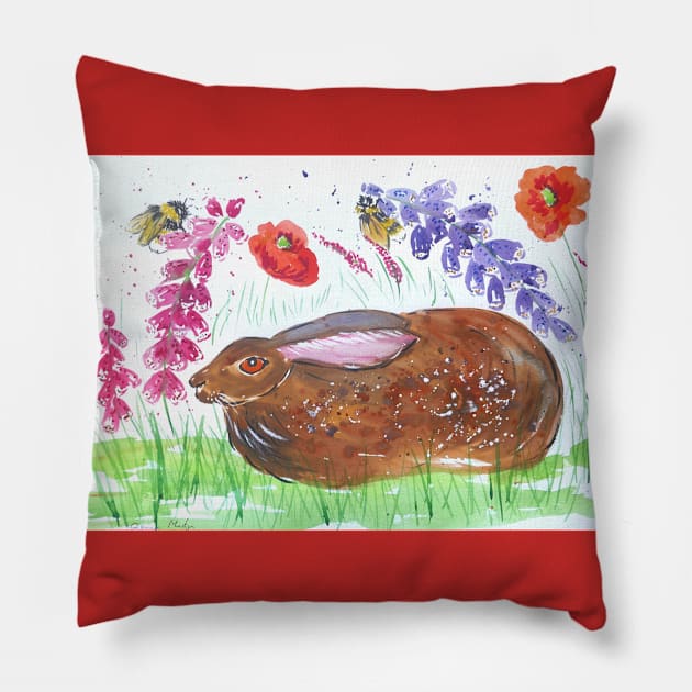 Hare reposing among Flowers and Bumble bees Pillow by Casimirasquirkyart