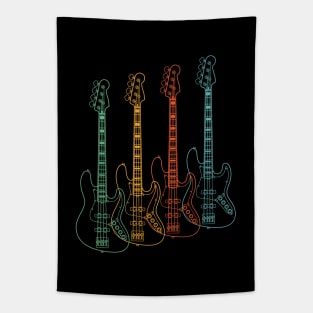 Four J-Style Bass Guitar Outlines Retro Color Tapestry