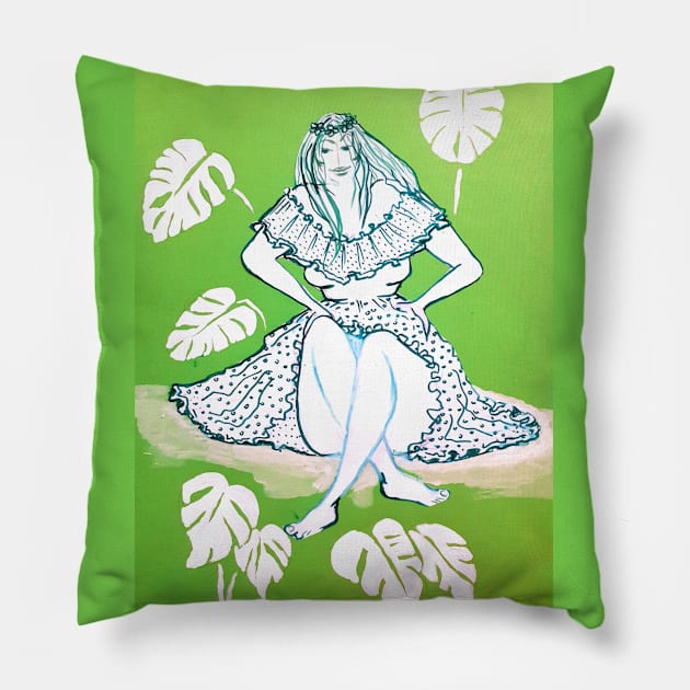 Girl And Tropical Plants Pillow by Maltez