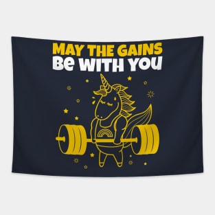 May The Gains Be With You - Unicorn Gym Funny Quote Tapestry