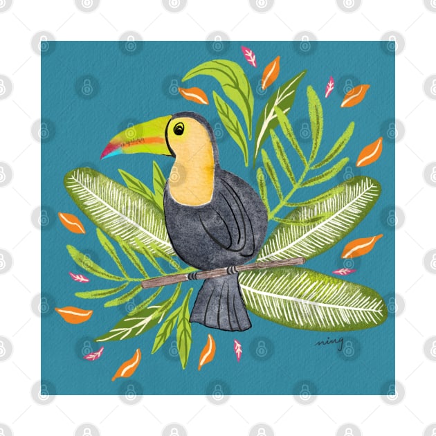 Toucan in Tropical Foliage in Teal | Summer | Island Paradise by thewhimsicalrepose