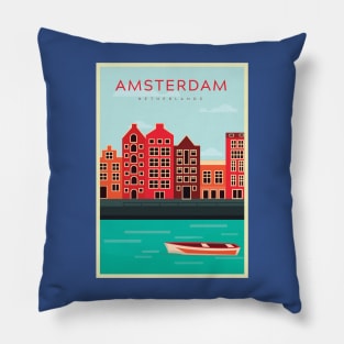 Amsterdam, Netherland - Vintage Travel Poster Pillow