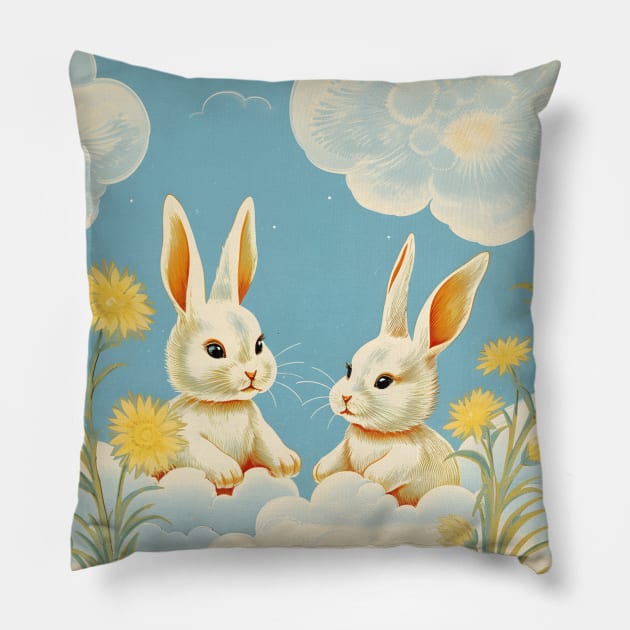 Cute Bunnies Vintage Pillow by Trippycollage