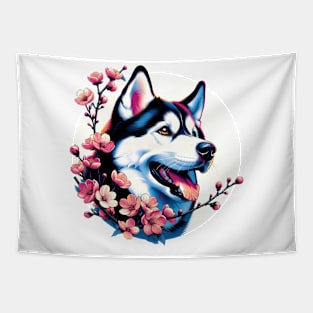 Siberian Husky's Springtime Cherry Blossoms Delight Tapestry