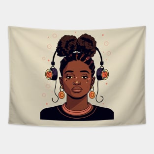 Nostalgic 90s Kid Black Girl with Headphones Illustration Tapestry