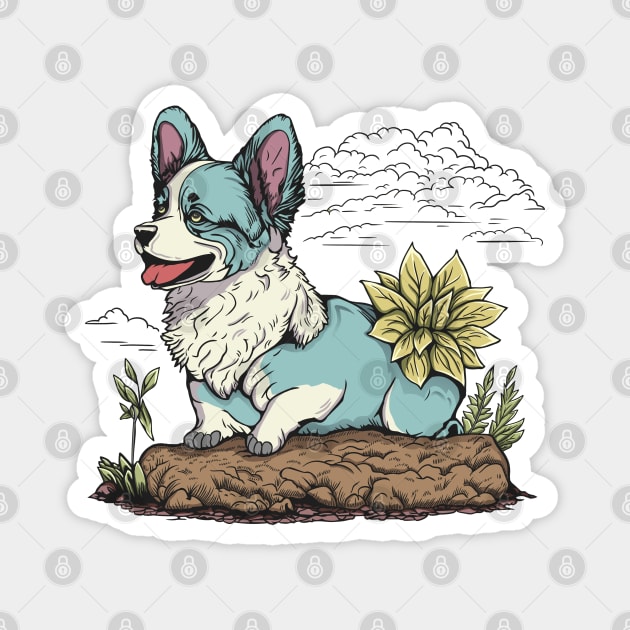 Inu Corgi Beautiful Puppy Dog in Summer and Flower Magnet by eijainspire