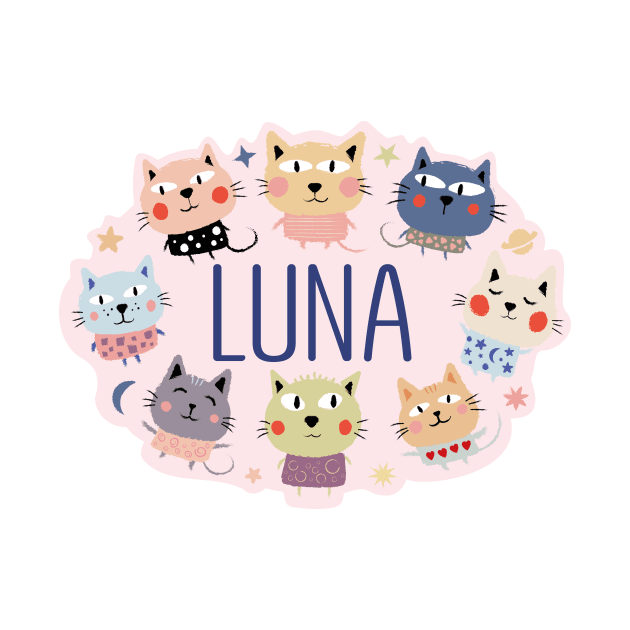 Luna name with cartoon cats by WildMeART