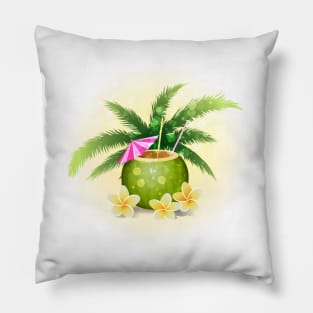 Hello Summer Holiday illustration with cocktail and tropical flowers Pillow