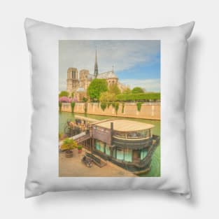 Notre Dame with restaurant on the Seine Pillow