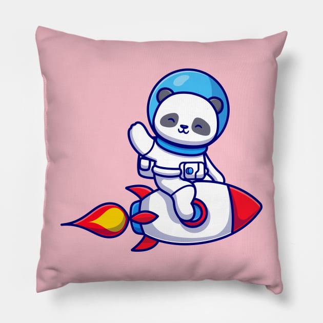 Cute Panda Astronaut Riding Rocket And Waving Hand Cartoon Pillow by Catalyst Labs