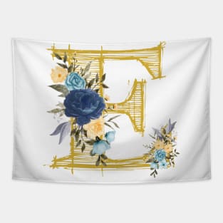 Monogram Letter E In Metallic Gold With Aesthetic Blue Flowers Botany Tapestry