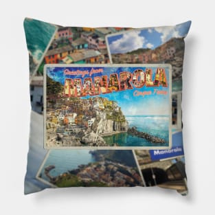 Greetings from Manarola Cinque Terre vintage style retro souvenir Pillow