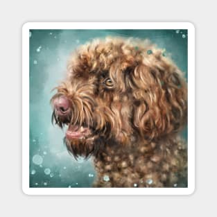 Painting of a Cute Curly Rottle Dog, Brown fur, Dark Green Background Magnet