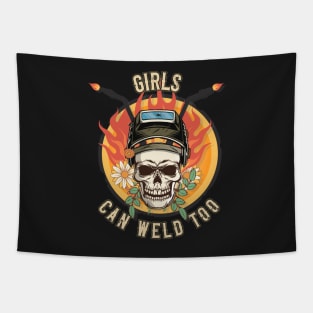 Welders skull woman sarcastic floral retro quote Girls can weld too Tapestry