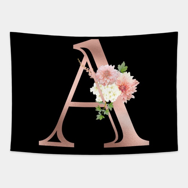 Rose Gold Monogram Letter A Blush Pink Flowers Tapestry by ColorFlowCreations