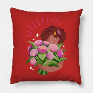 Woman Holding Flower Bouquet Pillow