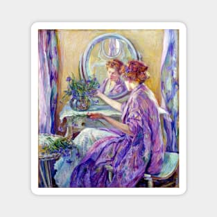 Woman in Violet Kimono Arranging Purple Flowers At A Table and Mirror, Robert Reid 1910 Magnet