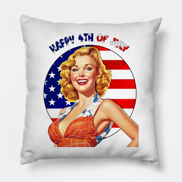 The Stars and Stripes 4th of July Patriotic Retro Pin-up Girl Art Pillow by AdrianaHolmesArt