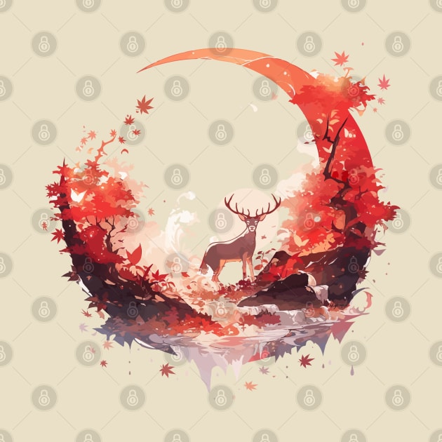 Peaceful deer in autumn momiji moon scene by Myanko