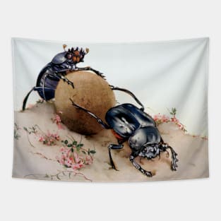 Sacred scarabs (Scarabaeus sacer) rolling a dung ball. Tapestry