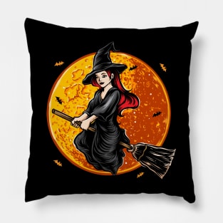 Flying witch with moon Halloween Pillow