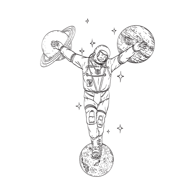 Astronaut Wearing Spacesuit Crucified on Planet Saturn Jupiter and Moon Line Art Drawing by patrimonio