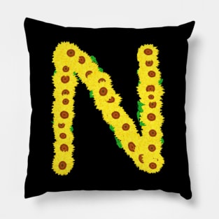 Sunflowers Initial Letter N (Black Background) Pillow