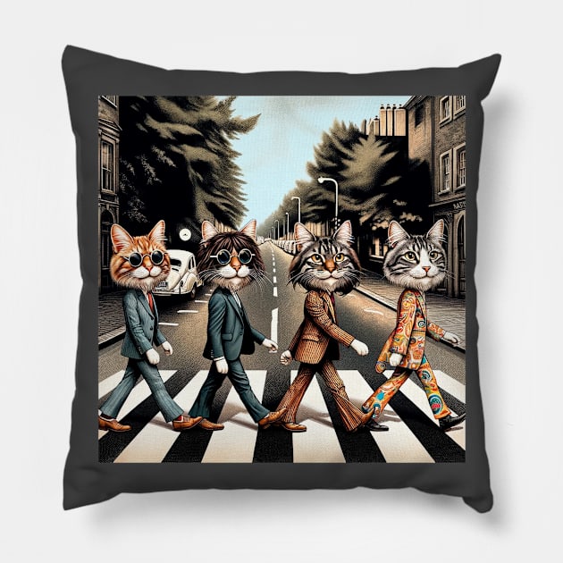 Feline Fab Four - Cat Beatles Abbey Road Parody Art Pillow by Doming_Designs