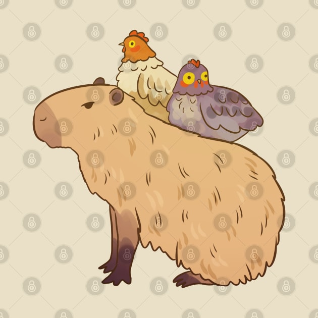 Cute capybara and chickens friends illustration by Yarafantasyart