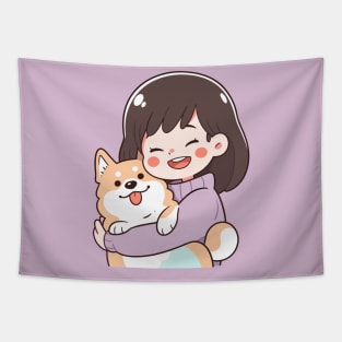 Just a Girl with her corgi dog illustration I Tapestry