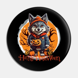 Cute Wolfie with Pumpkins Happy Halloween Vibes Pin