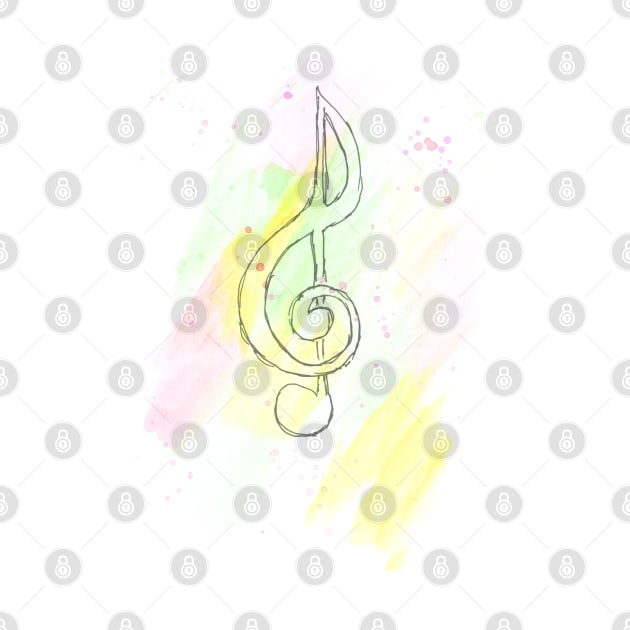 Treble clef, music, fun, funny, musical, art, sketch, watercolor, by grafinya