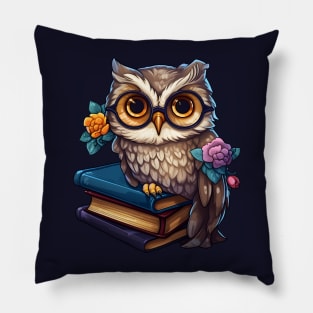 Owl with books studying floral Pillow