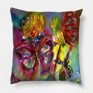 VIBRANT SPARKLING BUTTERFLIES ON YELLOW THISTLES Pink Blue Floral Pillow