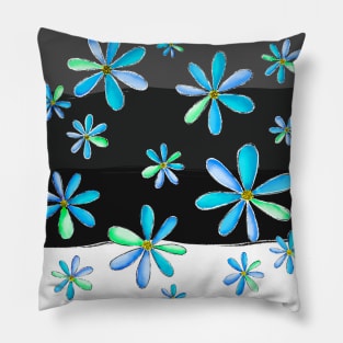 A Cascade of Daisies - Hand Drawn Design with Fresh Blue & Green Petals Pillow