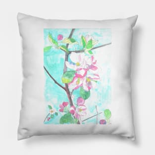 Pink apple blossom with blue sky in watercolor Pillow