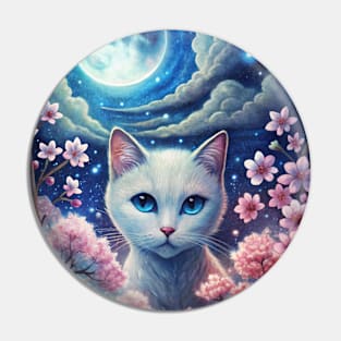 Moonlight Cherry Blossom Japanese White Cat Pin