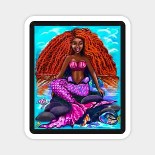 Black mermaid with flowing red locks singing , brown eyes Afro hair and caramel brown skin Magnet