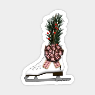 Ice Skate Christmas Decoration with Tartan Bow Magnet